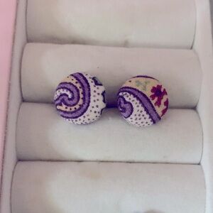 Purple and Cream Fabric Button Earrings